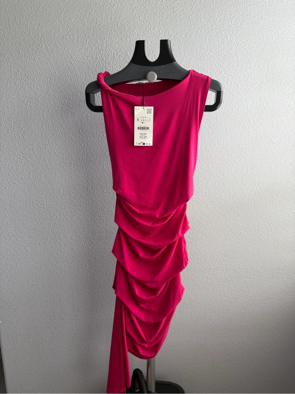 NWT ZARA Women's Draped Ruched Dress - Hot Pink